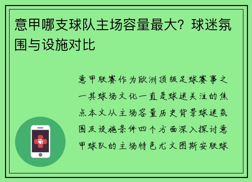 意甲哪支球队主场容量最大？球迷氛围与设施对比